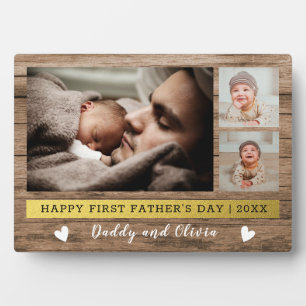 Happy First Father's Day 3 Photo Collage Wood Fotoplaat