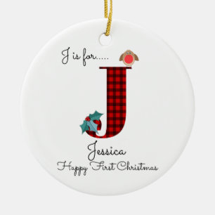 Happy first Kerstman J lumberjack robin tree Keramisch Ornament