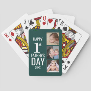 Happy First Vaderdag 3 Photo Collage Green Pokerkaarten
