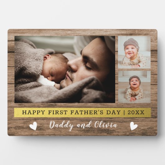 Happy First Vaderdag 3 Photo Collage Wood Fotoplaat (voorkant)