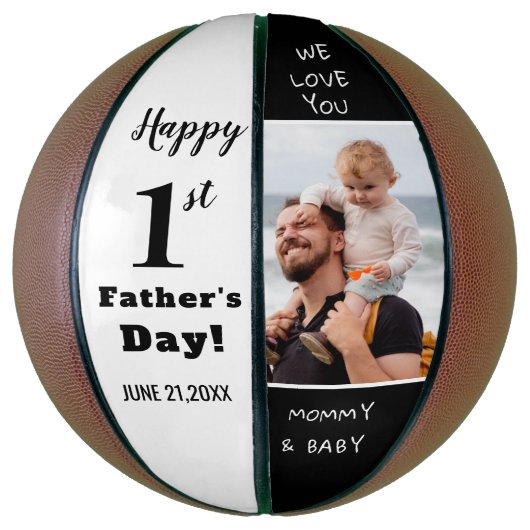 Happy First Vaderdag Custom Photo Black White Basketbal (Verticaal)