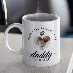 Happy First Vaderdag Heart Foto van papa Script Koffiemok