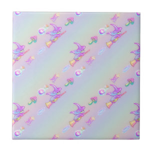 Happy Flying Witch Bright Pastel Rainbow Pattern Tegeltje
