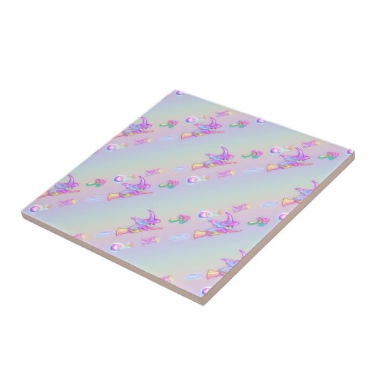 Happy Flying Witch Bright Pastel Rainbow Pattern Tegeltje (Zijkant)