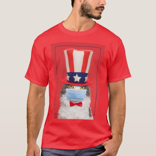 Happy Fourth of Juli Patriotic Cat in Face Mask T-shirt (Voorkant)