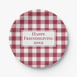 Happy Friendsgiving Bourgondië White Gingham Plaid Papieren Bordje