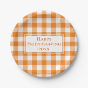 Happy Friendsgiving Oranje White Gingham Pset Papieren Bordje