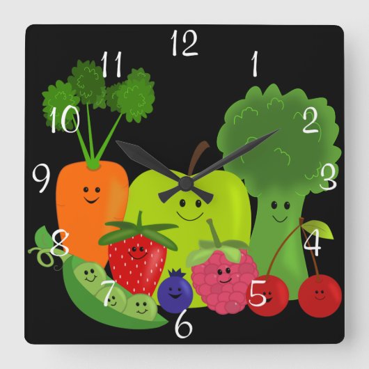 Happy Fruit and Veggies Wall Clock Vierkante Klok (Voorkant)