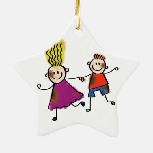 Happy Funny Kinder Couple Drawing Doodle Cartoon Keramisch Ornament (Achterkant)
