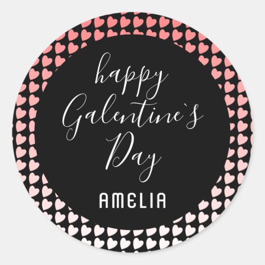 Happy Galentine's Day Roze White Heart Pattern Ronde Sticker (Voorkant)
