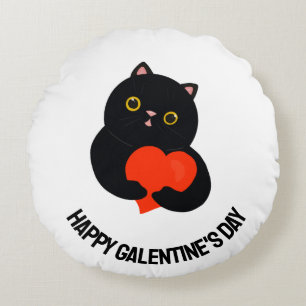 Happy Galentine's Day zwarte kitten geeft een hart Rond Kussen