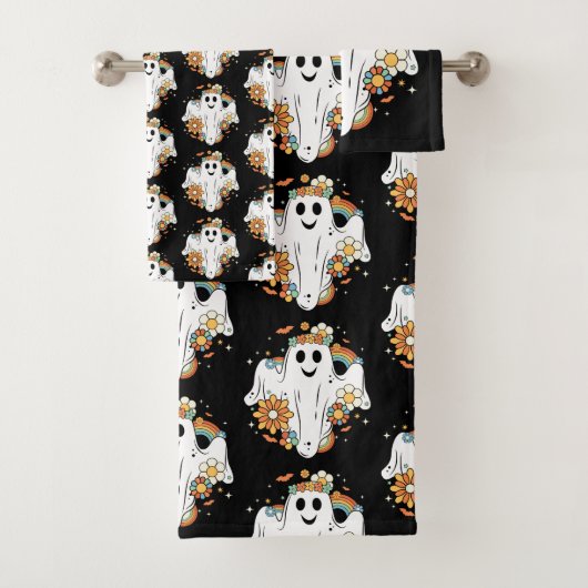 Happy Ghost Pattern Retro Hippie Vibe Bad Handdoek (Insitu)