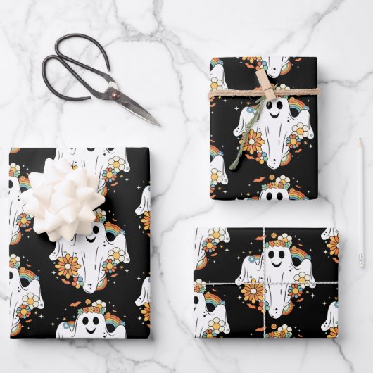 Happy Ghost Retro Hippie Pattern Inpakpapier Vel (Voorkant)