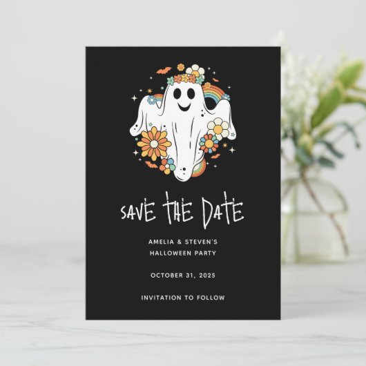 Happy Ghost Retro Hippie Vibe Halloween Save The Date (Staand voorkant)