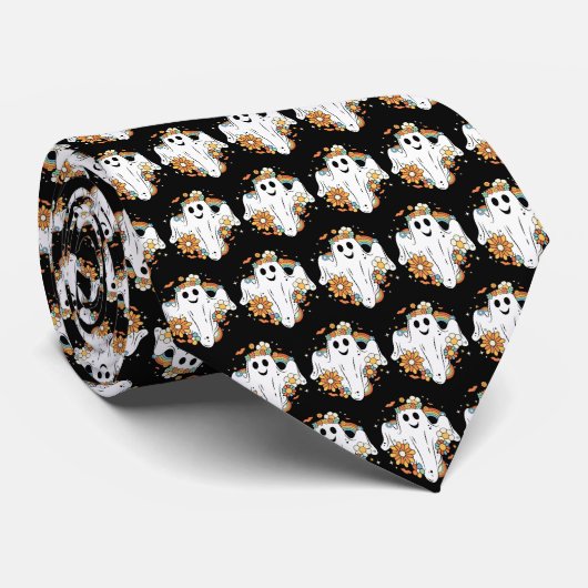 Happy Ghost Retro Hippie Vibe Pattern Stropdas (Opgerold)