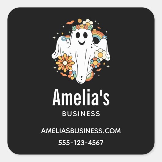Happy Ghost Retro Hippie Vibe Zakelijk Vierkante Sticker (Voorkant)