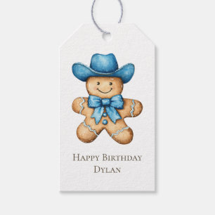 Happy Gingerbread Blue Cowboy Verjaardag Cadeaulabel