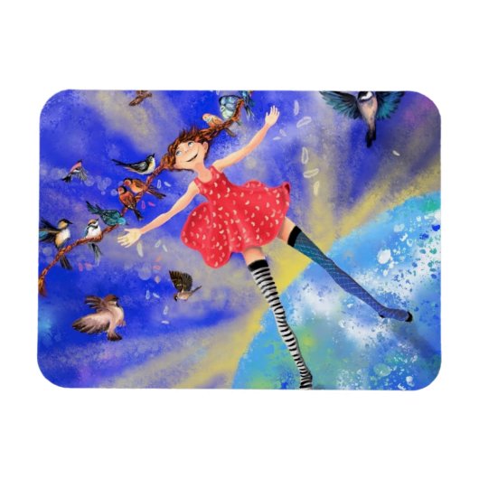 Happy Girl and Birds Magnet - Peinture (Horizontal)