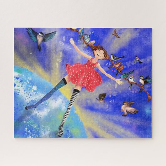 Happy Girl met vogels - Vrienden Legpuzzel (Horizontaal)