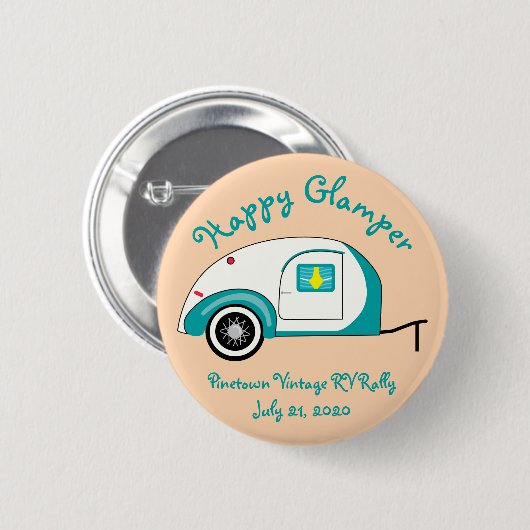 Happy Glamper Aquamarine Teardrop Trailer Ronde Button 5,7 Cm (Voorkant /achterkant)
