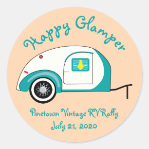 Happy Glamper Aquamarine  Teardrop Trailer Ronde Sticker