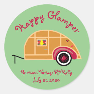Happy Glamper Woodie  Teardrop Trailer Ronde Sticker
