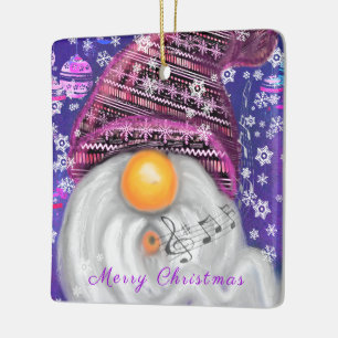 Happy Gnome in het Paarse Pet Zingt een kerstlied Keramisch Ornament