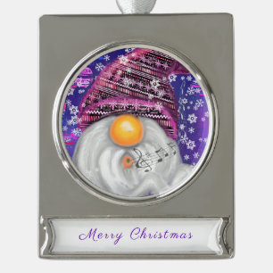 Happy Gnome in het Paarse Pet Zingt een kerstlied Verzilverd Banner Ornament