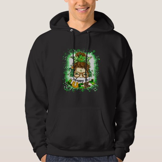 Happy go Lucky Messy Bun Girl Irish St Patricks Da Hoodie (Voorkant)