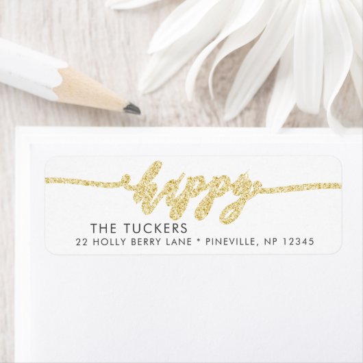 HAPPY Gold Glitter Script Vakantie Retouradres Etiket (Insitu)