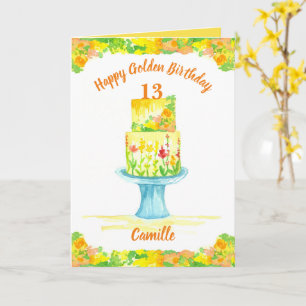 Happy Golden Birthday Cake Custom Naam Geel Kaart