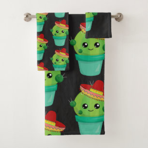 Happy Green Cactus in een Red Sombrero Pattern Bad Handdoek