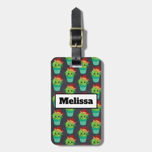 Happy Green Cactus in een Red Sombrero Pattern Bagagelabel (Voorkant verticaal)