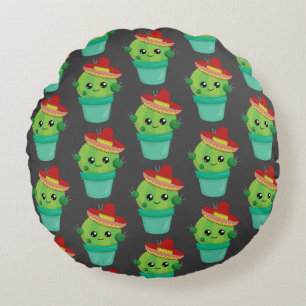 Happy Green Cactus in een Red Sombrero Pattern Rond Kussen
