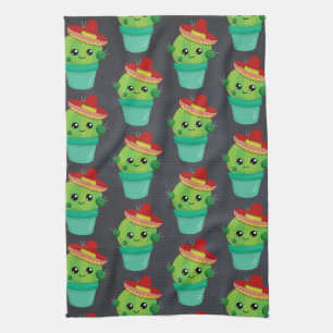 Happy Green Cactus in een Red Sombrero Pattern Theedoek