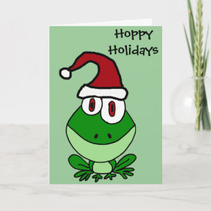 Happy Green Frog Wearing Santa Hat Feestdagen Kaart