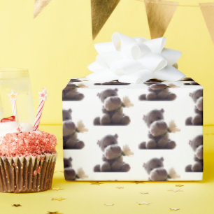 Happy Grey Hippo Holding Daisy, Schattigee liefdes Cadeaupapier