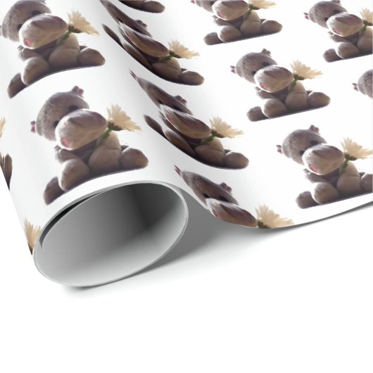 Happy Grey Hippo Holding Daisy, Schattigee liefdes Cadeaupapier (Rol Hoek)