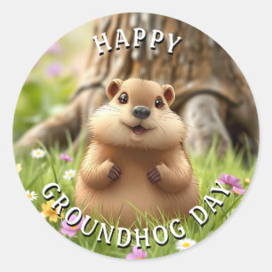 Happy Groundhog Day   Schattige Woodchuck Ronde Sticker