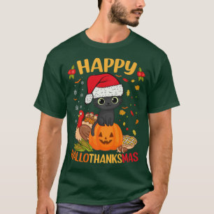 Happy HalloBedanktMas Black Cat Santa Hat Holiday  T-shirt