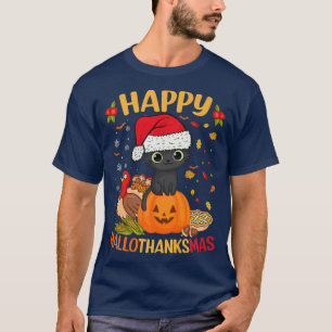 Happy HalloBedanktMas Black Cat Santa Hat Holiday T-shirt