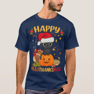 Happy HalloBedanktMas Black Cat Santa Hat Holiday T-shirt