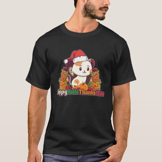 Happy HalloThanksMas Cat With Santa Hat Thanksgivi T-shirt (Voorkant)