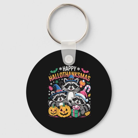 Happy Hallothanksmas Raccoon Halloween Merry Chris Sleutelhanger (Voorkant)