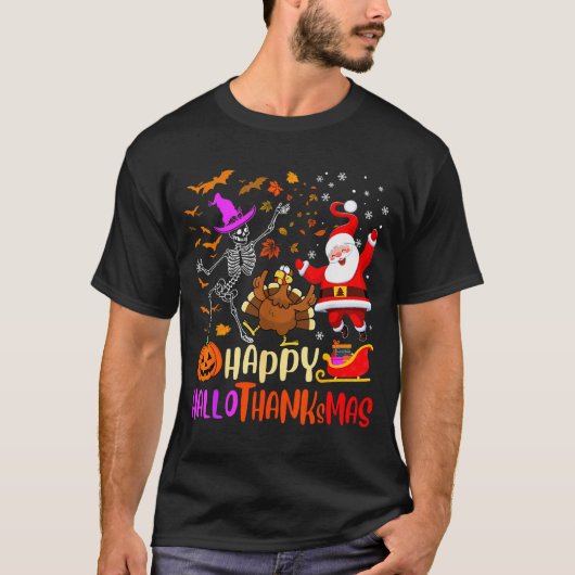 Happy Hallothanksmas Skeleton Pumpkin Turkey Santa T-shirt (Voorkant)