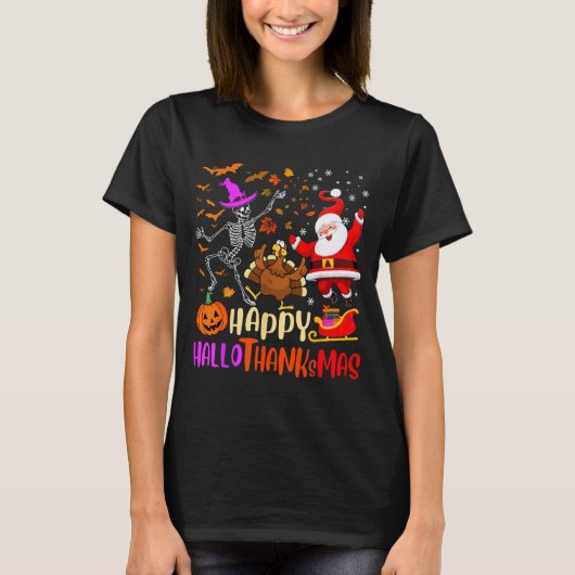 Happy Hallothanksmas Skeleton Pumpkin Turkey Santa T-shirt (Voorkant)
