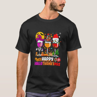 Happy Hallothanksmas Wine Glasses Witch Santa Hat  T-shirt