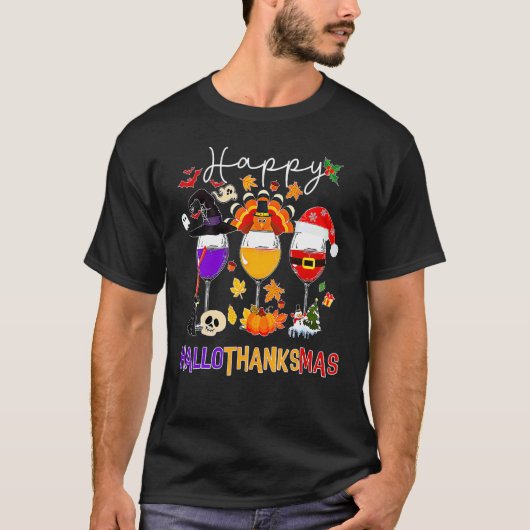 Happy Hallothanksmas Wine Glasses Witch Santa Hat T-shirt (Voorkant)
