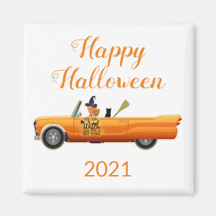 Happy Halloween 2021 Orange Car Witch Cat Magnet