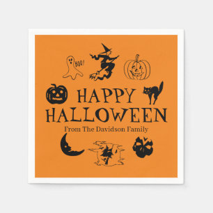 Happy Halloween aangepaste naam zwart-oranje spook Servet